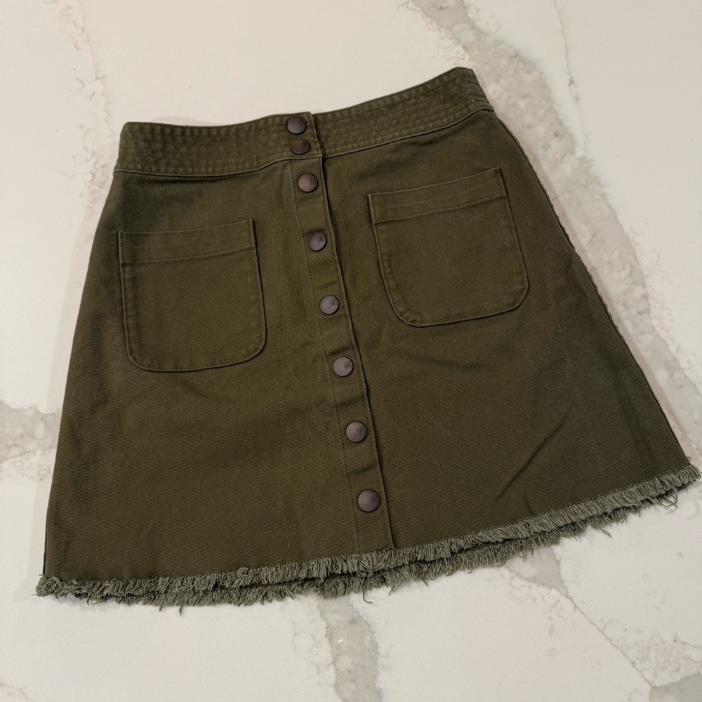 Madewell Raw-Hem A-Line Mini Skirt Womens 0 Stretch Kale Green Button Snap Front - Picture 4 of 9